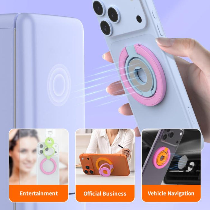 Soporte magnético multifuncional para teléfono con hebilla de anillo y diseño de colores contrastantes, rotación de 360 grados.
