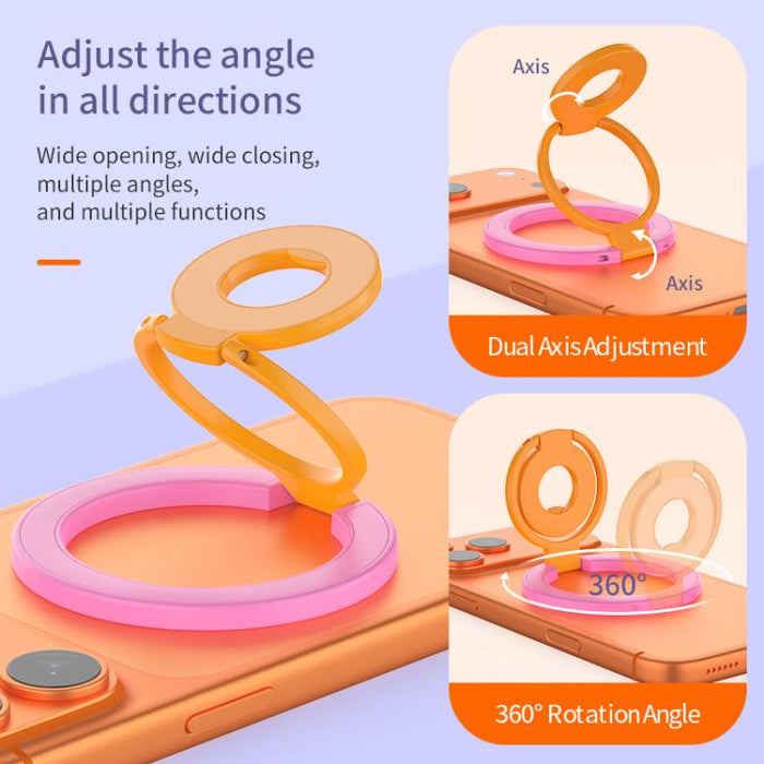 Soporte magnético multifuncional para teléfono con hebilla de anillo y diseño de colores contrastantes, rotación de 360 grados.