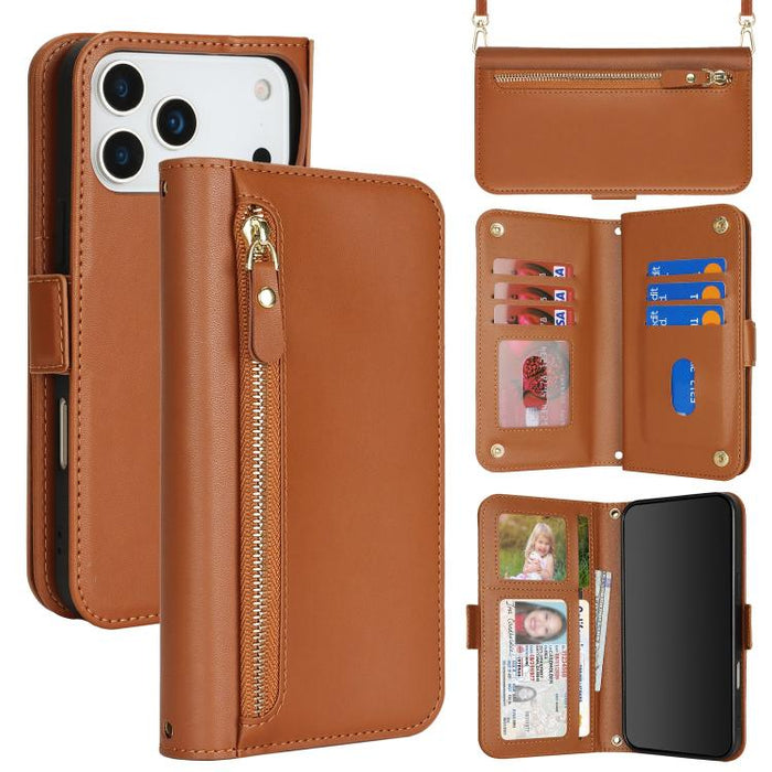 Cartera bandolera con cremallera frontal y múltiples compartimentos para tarjetas, funda para teléfono de piel vegana., For iPhone 17 Pro Max, For iPhone 17 Pro, For iPhone 17, For iPhone Air