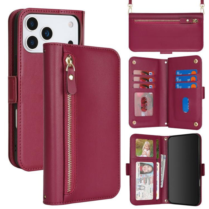 Cartera bandolera con cremallera frontal y múltiples compartimentos para tarjetas, funda para teléfono de piel vegana., For iPhone 17 Pro Max, For iPhone 17 Pro, For iPhone 17, For iPhone Air
