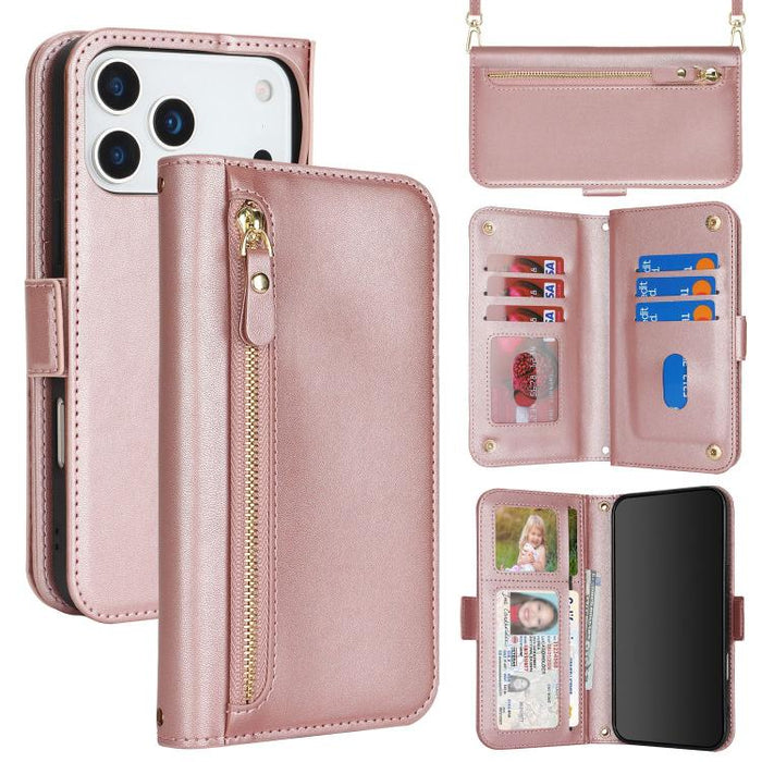 Cartera bandolera con cremallera frontal y múltiples compartimentos para tarjetas, funda para teléfono de piel vegana., For iPhone 17 Pro Max, For iPhone 17 Pro, For iPhone 17, For iPhone Air