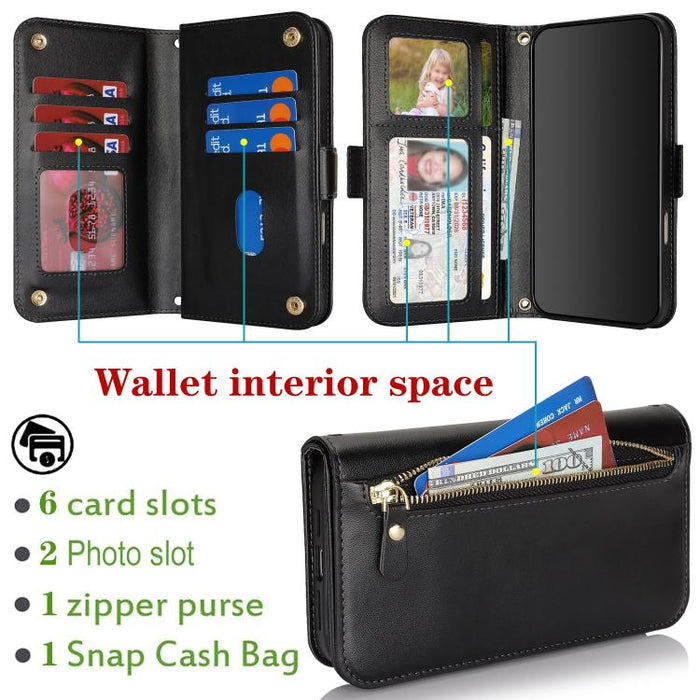 Cartera bandolera con cremallera frontal y múltiples compartimentos para tarjetas, funda para teléfono de piel vegana., For iPhone 17 Pro Max, For iPhone 17 Pro, For iPhone 17, For iPhone Air