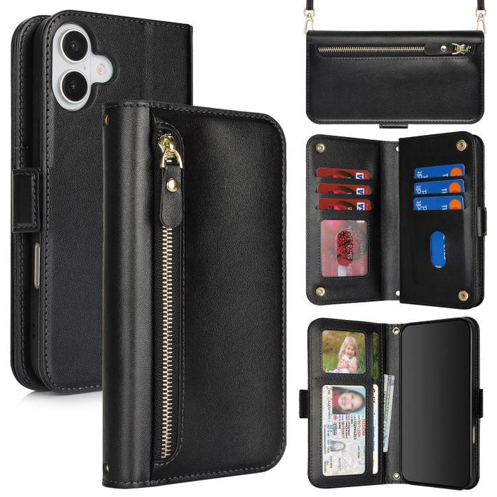 Cartera bandolera con cremallera frontal y múltiples compartimentos para tarjetas, funda para teléfono de piel vegana., For iPhone 17 Pro Max, For iPhone 17 Pro, For iPhone 17, For iPhone Air