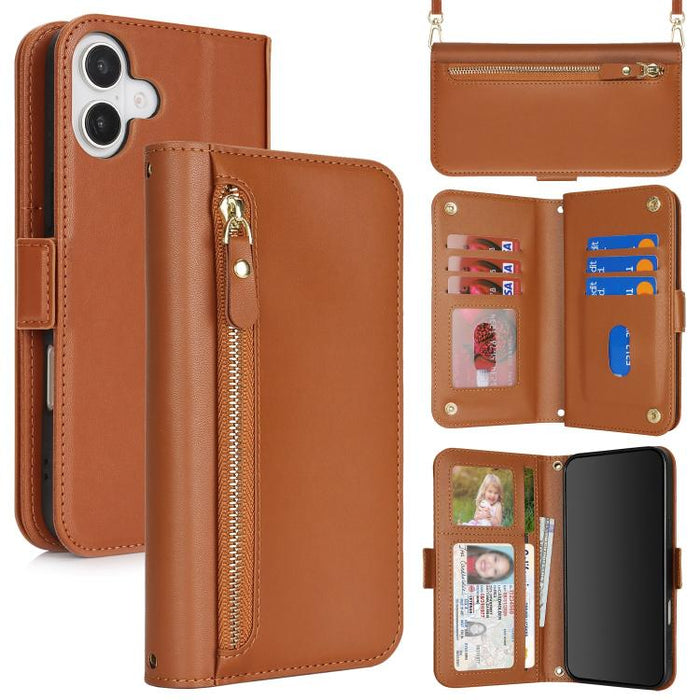 Cartera bandolera con cremallera frontal y múltiples compartimentos para tarjetas, funda para teléfono de piel vegana., For iPhone 17 Pro Max, For iPhone 17 Pro, For iPhone 17, For iPhone Air