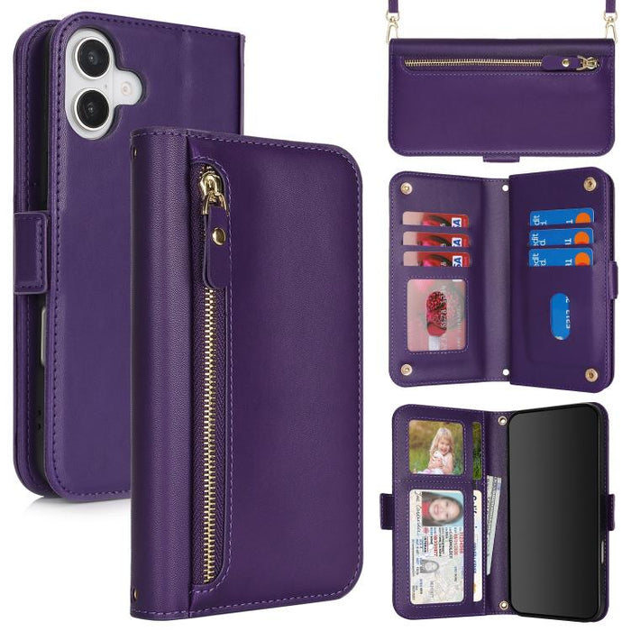 Cartera bandolera con cremallera frontal y múltiples compartimentos para tarjetas, funda para teléfono de piel vegana., For iPhone 17 Pro Max, For iPhone 17 Pro, For iPhone 17, For iPhone Air