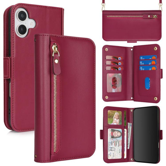 Cartera bandolera con cremallera frontal y múltiples compartimentos para tarjetas, funda para teléfono de piel vegana., For iPhone 17 Pro Max, For iPhone 17 Pro, For iPhone 17, For iPhone Air