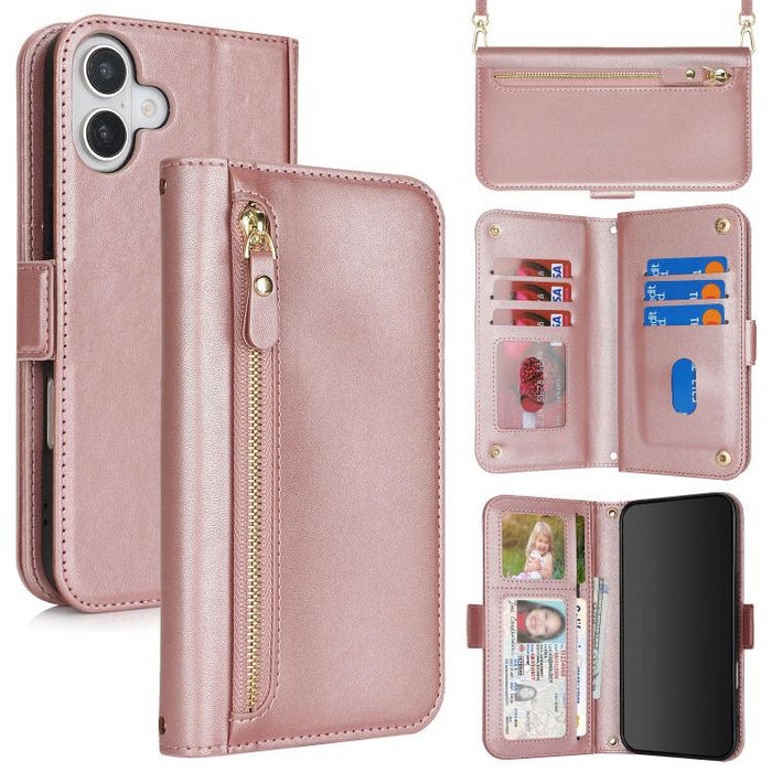 Cartera bandolera con cremallera frontal y múltiples compartimentos para tarjetas, funda para teléfono de piel vegana., For iPhone 17 Pro Max, For iPhone 17 Pro, For iPhone 17, For iPhone Air