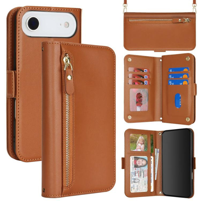 Cartera bandolera con cremallera frontal y múltiples compartimentos para tarjetas, funda para teléfono de piel vegana., For iPhone 17 Pro Max, For iPhone 17 Pro, For iPhone 17, For iPhone Air