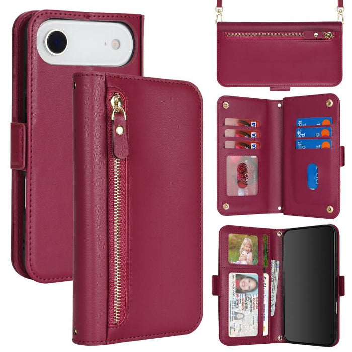 Cartera bandolera con cremallera frontal y múltiples compartimentos para tarjetas, funda para teléfono de piel vegana., For iPhone 17 Pro Max, For iPhone 17 Pro, For iPhone 17, For iPhone Air
