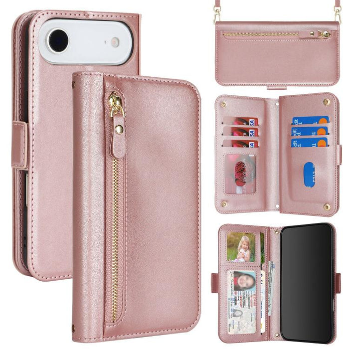 Cartera bandolera con cremallera frontal y múltiples compartimentos para tarjetas, funda para teléfono de piel vegana., For iPhone 17 Pro Max, For iPhone 17 Pro, For iPhone 17, For iPhone Air