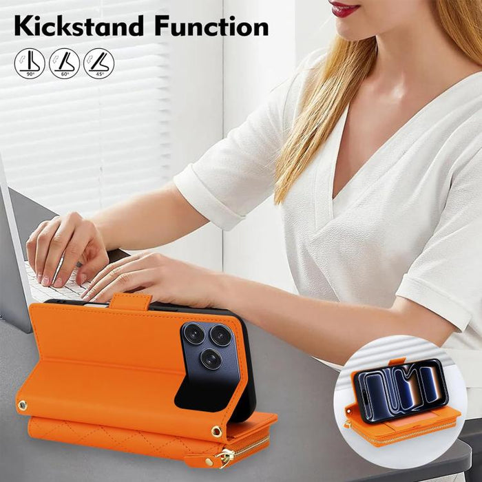Cartera bandolera con cremallera y diseño de rombos, protección RFID y funda para teléfono de piel vegana., For iPhone 17 Pro Max, For iPhone 17 Pro