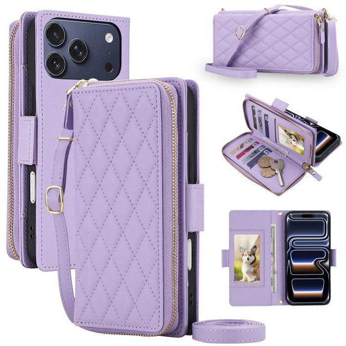 Cartera bandolera con cremallera y diseño de rombos, protección RFID y funda para teléfono de piel vegana., For iPhone 17 Pro Max, For iPhone 17 Pro