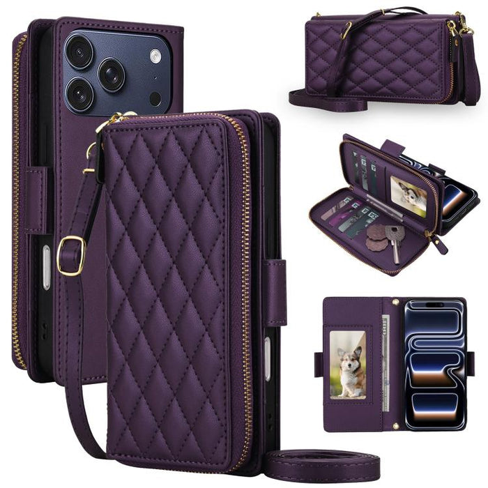 Cartera bandolera con cremallera y diseño de rombos, protección RFID y funda para teléfono de piel vegana., For iPhone 17 Pro Max, For iPhone 17 Pro