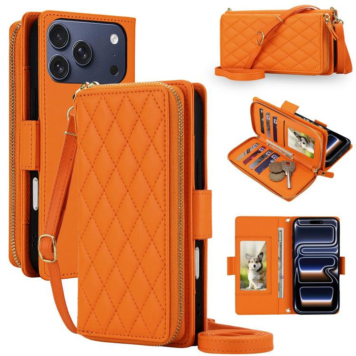 Cartera bandolera con cremallera y diseño de rombos, protección RFID y funda para teléfono de piel vegana., For iPhone 17 Pro Max, For iPhone 17 Pro