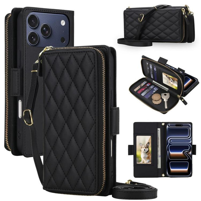 Cartera bandolera con cremallera y diseño de rombos, protección RFID y funda para teléfono de piel vegana., For iPhone 17 Pro Max, For iPhone 17 Pro