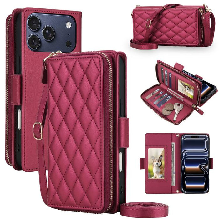 Cartera bandolera con cremallera y diseño de rombos, protección RFID y funda para teléfono de piel vegana., For iPhone 17 Pro Max, For iPhone 17 Pro