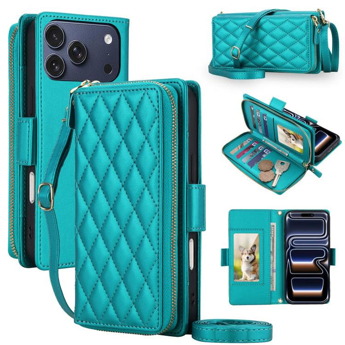 Cartera bandolera con cremallera y diseño de rombos, protección RFID y funda para teléfono de piel vegana., For iPhone 17 Pro Max, For iPhone 17 Pro