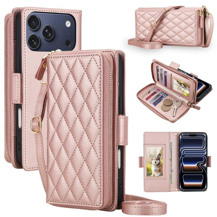 Cartera bandolera con cremallera y diseño de rombos, protección RFID y funda para teléfono de piel vegana., For iPhone 17 Pro Max, For iPhone 17 Pro