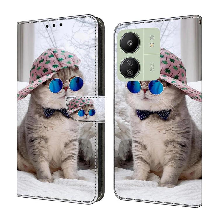 Funda para teléfono de cuero vegano pintado con efecto cristal, For Redmi 14C 4G, For Redmi 13C 4G / 5G, For Redmi K70E / Poco X6 Pro