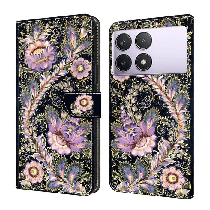 Funda para teléfono de cuero vegano pintado con efecto cristal, For Redmi 14C 4G, For Redmi 13C 4G / 5G, For Redmi K70E / Poco X6 Pro