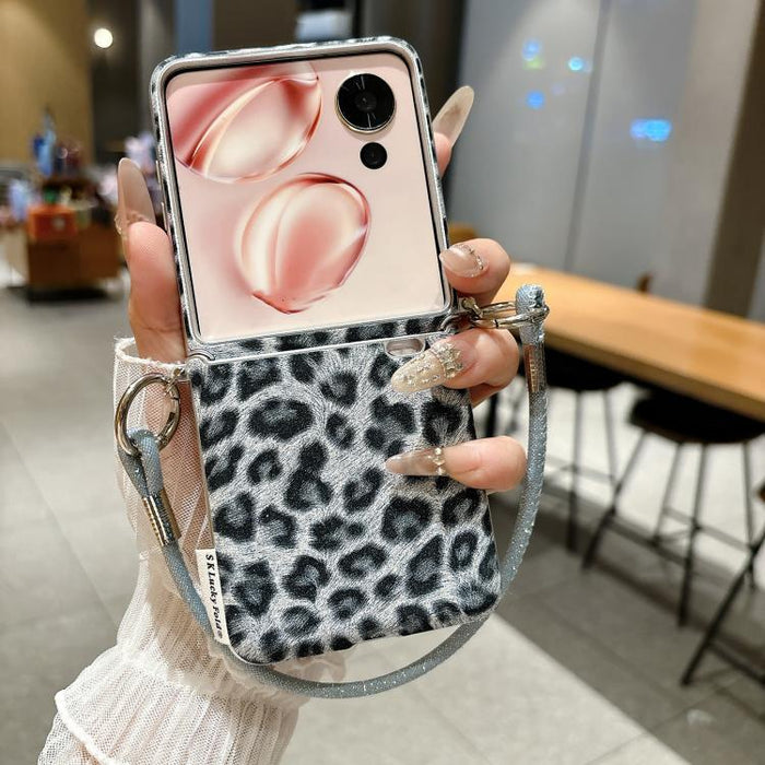 Funda para teléfono con cierre lateral y estampado de leopardo plateado, con correa de muñeca personalizable., For Xiaomi Mix Flip 2, For Xiaomi Mix Flip