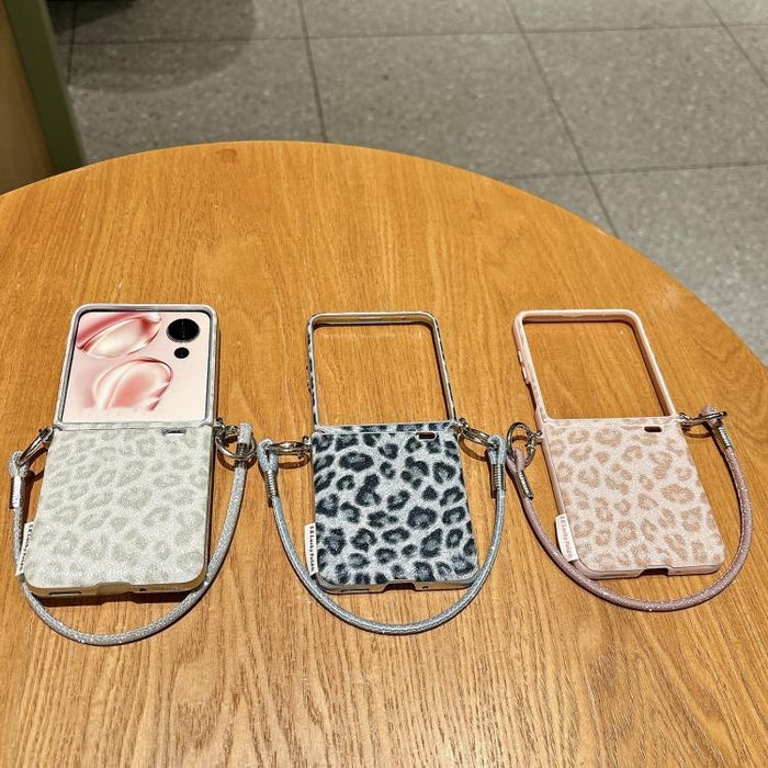 Funda para teléfono con cierre lateral y estampado de leopardo plateado, con correa de muñeca personalizable., For Xiaomi Mix Flip 2, For Xiaomi Mix Flip