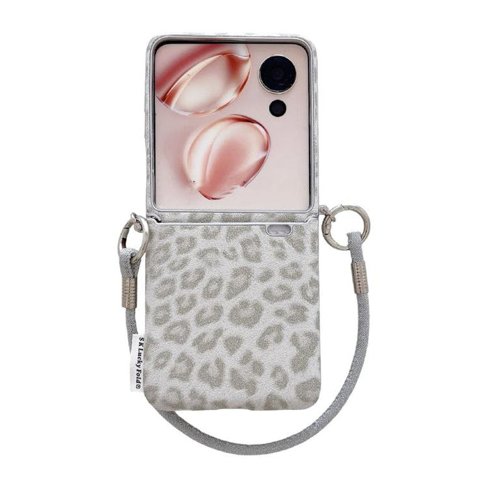 Funda para teléfono con cierre lateral y estampado de leopardo plateado, con correa de muñeca personalizable., For Xiaomi Mix Flip 2, For Xiaomi Mix Flip