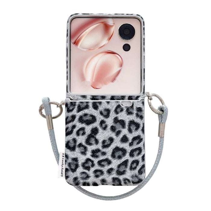 Funda para teléfono con cierre lateral y estampado de leopardo plateado, con correa de muñeca personalizable., For Xiaomi Mix Flip 2, For Xiaomi Mix Flip