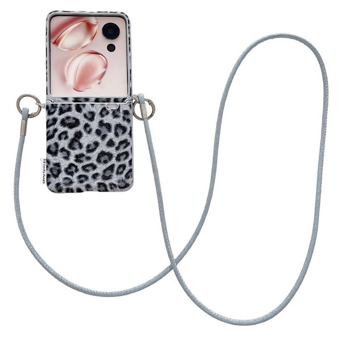 Funda para teléfono con cierre lateral y estampado de leopardo plateado, con correa para la muñeca y correa cruzada personalizable., For Xiaomi Mix Flip 2, For Xiaomi Mix Flip