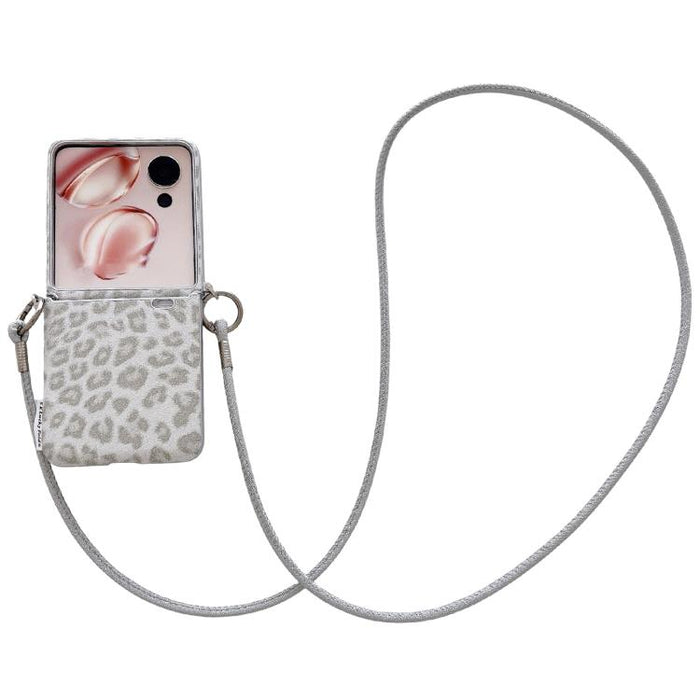 Funda para teléfono con cierre lateral y estampado de leopardo plateado, con correa para la muñeca y correa cruzada personalizable., For Xiaomi Mix Flip 2, For Xiaomi Mix Flip