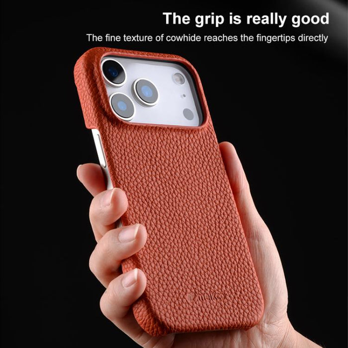 Funda para teléfono de cuero genuino con textura de lichi magnética de media cobertura de melkco, For iPhone 14 Pro, For iPhone 14 Pro Max