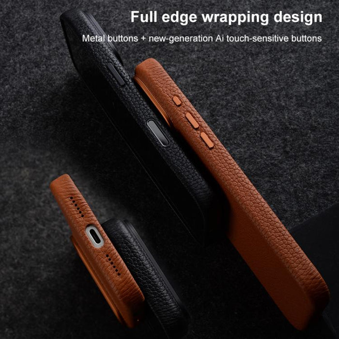 Funda magnética de piel auténtica con textura de lichi y botón de IA de melkco, For iPhone 17 Pro Max, For iPhone 17 Pro, For iPhone 17, For iPhone Air