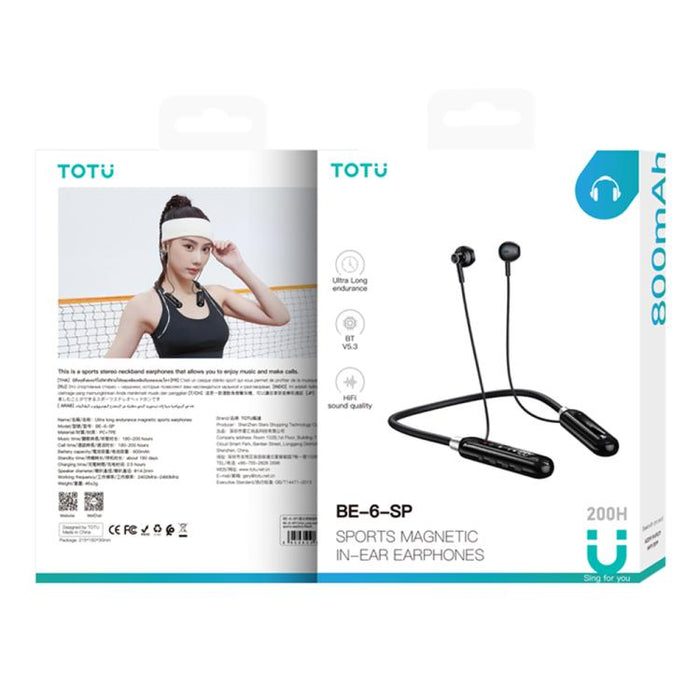 Auriculares deportivos Bluetooth con banda magnética para el cuello TOTU BE-6-SP con batería de larga duración de 800 mAh, BE-6-SP