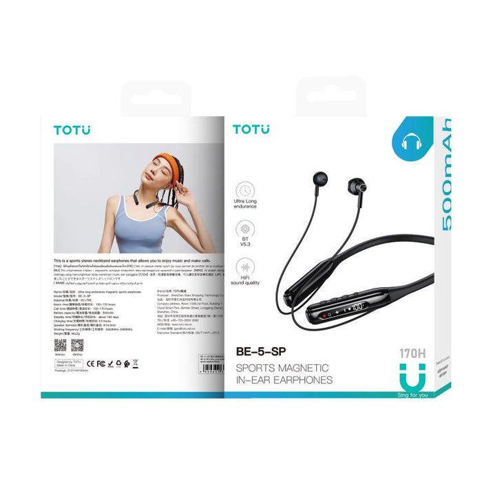 Auriculares deportivos Bluetooth con banda magnética para el cuello TOTU BE-5-SP con batería de larga duración de 500 mAh, BE-5-SP