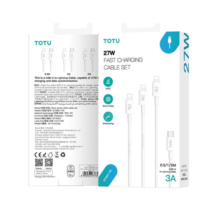 Juego de cables de datos TOTU GTZB01-PD Serie 27W Tipo-C a 8 pines, Longitud: 0,5 m + 1 m + 2 m