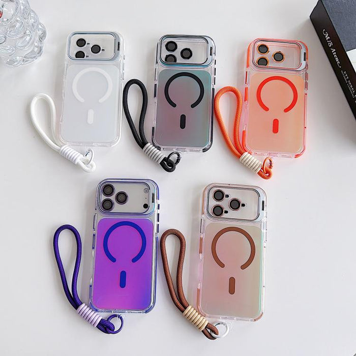 Funda magnética para teléfono con soporte y correa para la muñeca, con lente camaleónica vibrante y vibrante., For iPhone 17 Pro Max, For iPhone 17 Pro