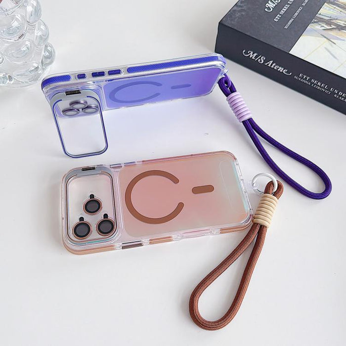 Funda magnética para teléfono con soporte y correa para la muñeca, con lente camaleónica vibrante y vibrante., For iPhone 17 Pro Max, For iPhone 17 Pro