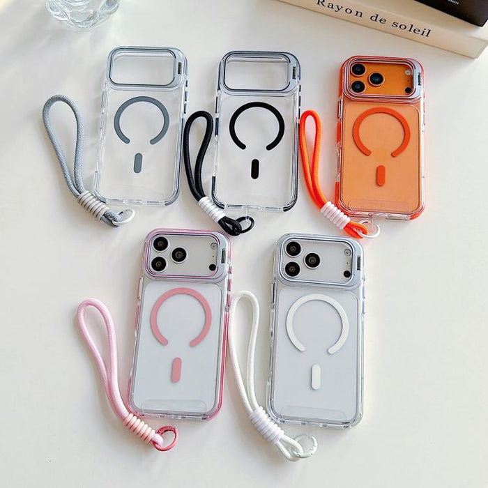 Funda magnética para teléfono con soporte y lente transparente vibrante, con correa para la muñeca., For iPhone 17 Pro Max, For iPhone 17 Pro