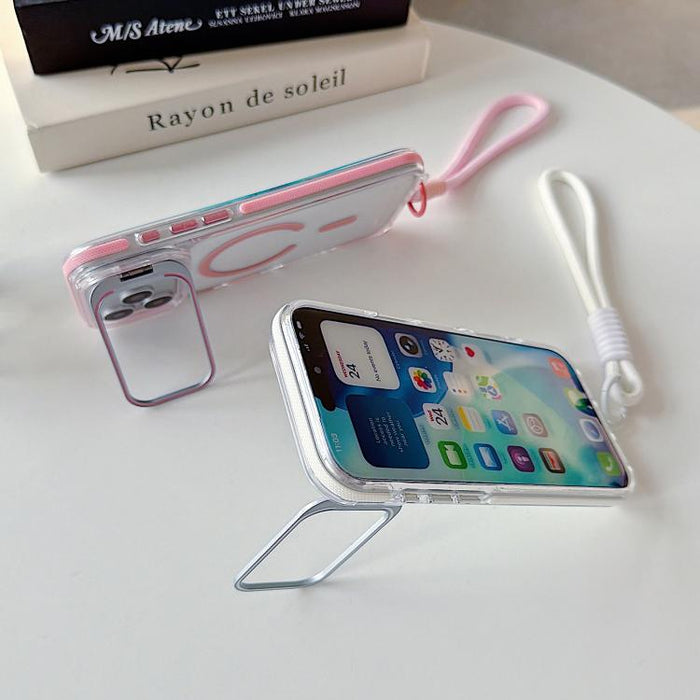Funda magnética para teléfono con soporte y lente transparente vibrante, con correa para la muñeca., For iPhone 17 Pro Max, For iPhone 17 Pro