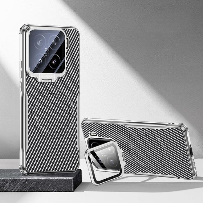 Funda magnética para teléfono con soporte para lente galvanizado y textura de fibra de carbono, For Xiaomi 17 Pro Max, For Xiaomi 17 Pro, For Xiaomi 15 Ultra, For Xiaomi 15 Pro, For Xiaomi 15