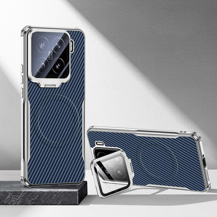 Funda magnética para teléfono con soporte para lente galvanizado y textura de fibra de carbono, For Xiaomi 17 Pro Max, For Xiaomi 17 Pro, For Xiaomi 15 Ultra, For Xiaomi 15 Pro, For Xiaomi 15