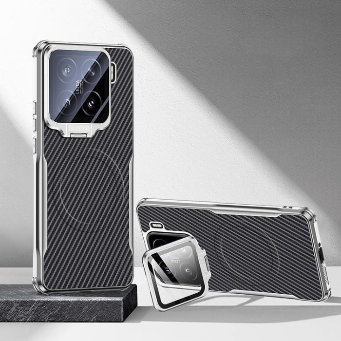 Funda magnética para teléfono con soporte para lente galvanizado y textura de fibra de carbono, For Xiaomi 17 Pro Max, For Xiaomi 17 Pro, For Xiaomi 15 Ultra, For Xiaomi 15 Pro, For Xiaomi 15