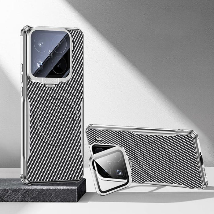 Funda magnética para teléfono con soporte para lente galvanizado y textura de fibra de carbono, For Xiaomi 17 Pro Max, For Xiaomi 17 Pro, For Xiaomi 15 Ultra, For Xiaomi 15 Pro, For Xiaomi 15