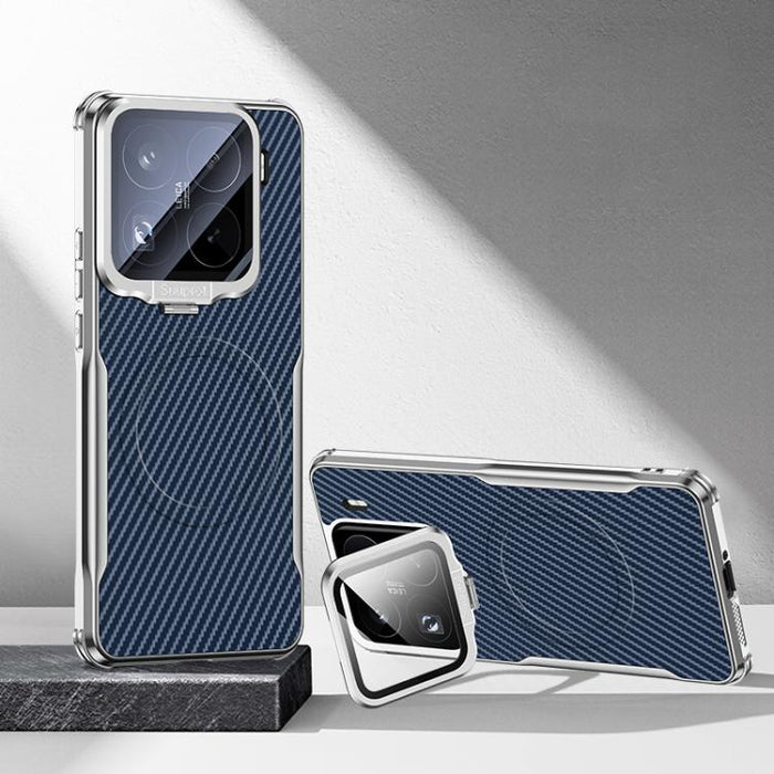 Funda magnética para teléfono con soporte para lente galvanizado y textura de fibra de carbono, For Xiaomi 17 Pro Max, For Xiaomi 17 Pro, For Xiaomi 15 Ultra, For Xiaomi 15 Pro, For Xiaomi 15