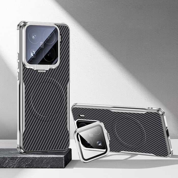 Funda magnética para teléfono con soporte para lente galvanizado y textura de fibra de carbono, For Xiaomi 17 Pro Max, For Xiaomi 17 Pro, For Xiaomi 15 Ultra, For Xiaomi 15 Pro, For Xiaomi 15