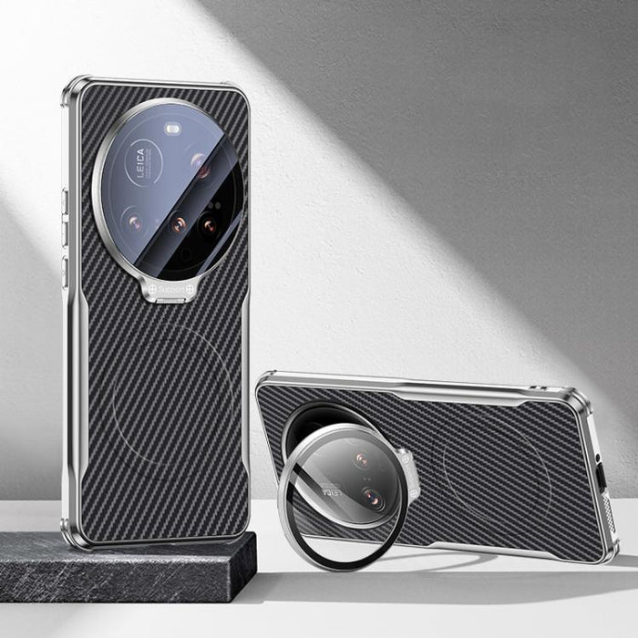 Funda magnética para teléfono con soporte para lente galvanizado y textura de fibra de carbono, For Xiaomi 17 Pro Max, For Xiaomi 17 Pro, For Xiaomi 15 Ultra, For Xiaomi 15 Pro, For Xiaomi 15