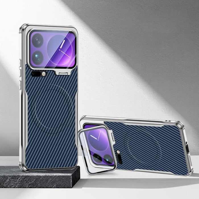 Funda magnética para teléfono con soporte para lente galvanizado y textura de fibra de carbono, For Xiaomi 17 Pro Max, For Xiaomi 17 Pro, For Xiaomi 15 Ultra, For Xiaomi 15 Pro, For Xiaomi 15