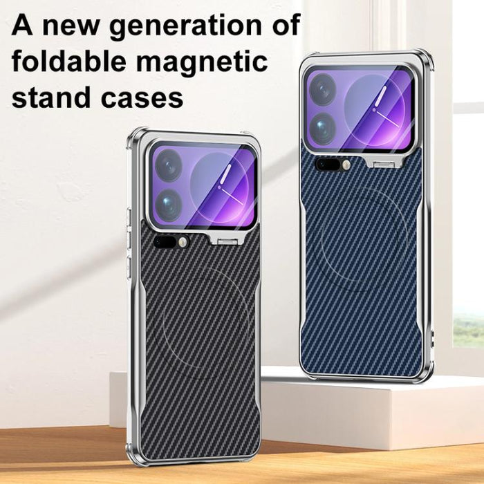 Funda magnética para teléfono con soporte para lente galvanizado y textura de fibra de carbono, For Xiaomi 17 Pro Max, For Xiaomi 17 Pro, For Xiaomi 15 Ultra, For Xiaomi 15 Pro, For Xiaomi 15