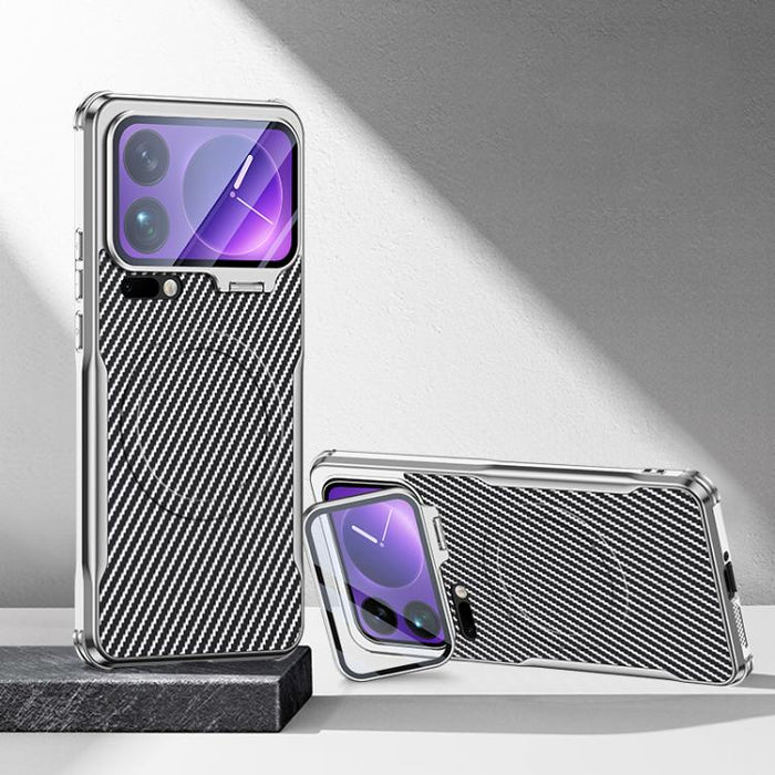 Funda magnética para teléfono con soporte para lente galvanizado y textura de fibra de carbono, For Xiaomi 17 Pro Max, For Xiaomi 17 Pro, For Xiaomi 15 Ultra, For Xiaomi 15 Pro, For Xiaomi 15