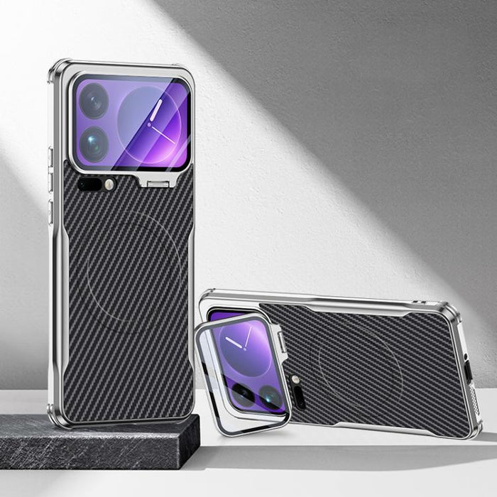 Funda magnética para teléfono con soporte para lente galvanizado y textura de fibra de carbono, For Xiaomi 17 Pro Max, For Xiaomi 17 Pro, For Xiaomi 15 Ultra, For Xiaomi 15 Pro, For Xiaomi 15